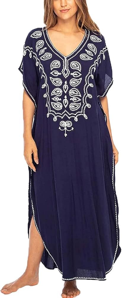 Senan Women Turkish Kaftan Beach Coverup Embroidery Bikini Cover Ups Casual Beach Caftan Maxi Dress