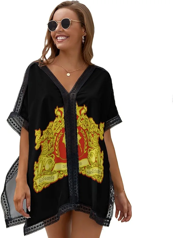 Coat of Arms of Myanmar Womens Beach Swim Cover Up V Neck Swimsuit Coverup Lace Trim Poncho Beachwear Tops