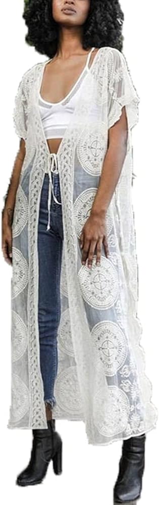 Womens Lace Cardigan Floral Crochet Sheer Beach Bikini Cover Ups Long Open Kimono