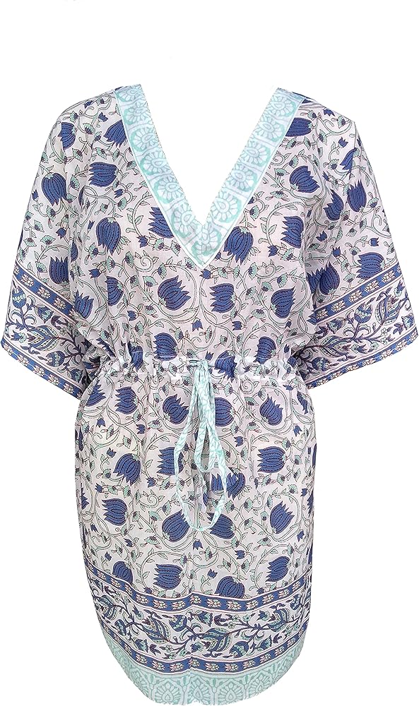 Cotton Hand Block Print Swimsuit Cover-up Beach Caftan Women's Print Kaftan-No-16 Multicoloured