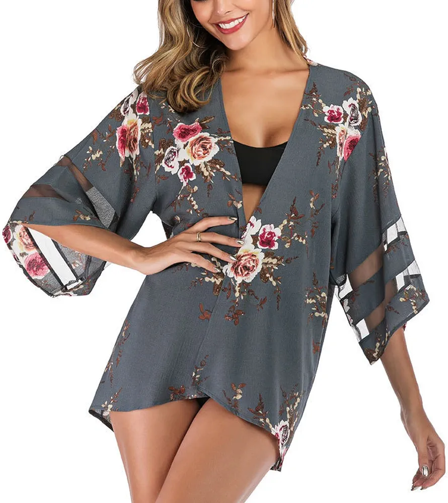 Printed sunscreen shirt summer kimono mesh stitched shawl sunscreen shirt smock beach suit