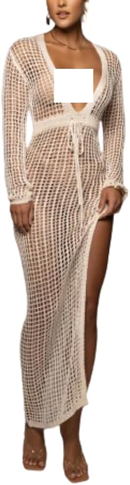 Women Knitted See Through Cover Up Dress Y2k Sheer Mesh Dress Coverups Dress Long Sleeve Dress for Women