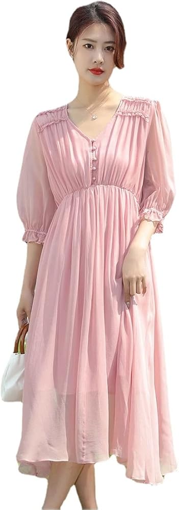 Women's Real Silk Dress,Waist Closed French New Pink Solid Color Seaside Holiday Mulberry Silk Long Skirt