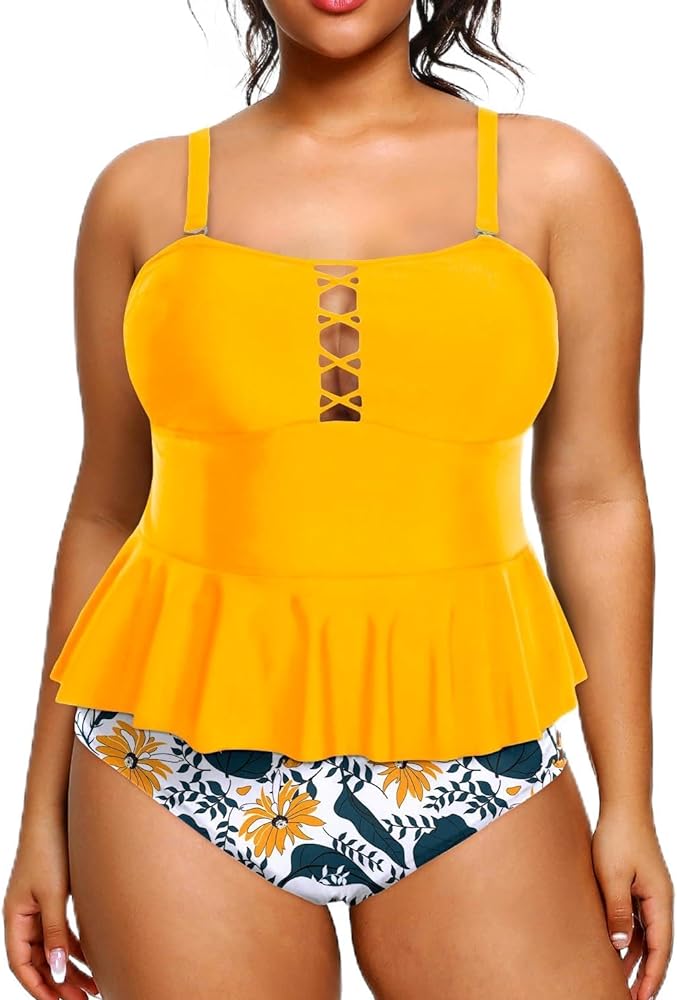 Yonique Plus Size Swimsuits for Women Tummy Control Two Piece Bathing Suits Peplum Tankini Tops High Waisted Swimwear