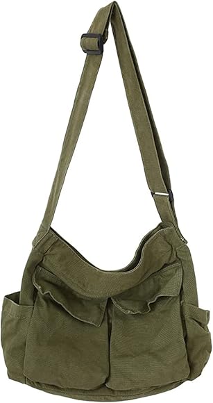 Chirest Bolso bandolera grande tipo hobo con múltiples bolsillos, bolsa de lona para el hombro, para mujeres y hombres