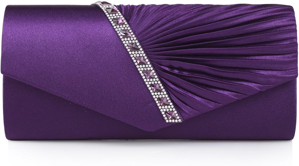 Bolso de noche estilo clutch Damara, diseño con adorno de satén drapeado y decoración de cristales, color Morado, talla Large