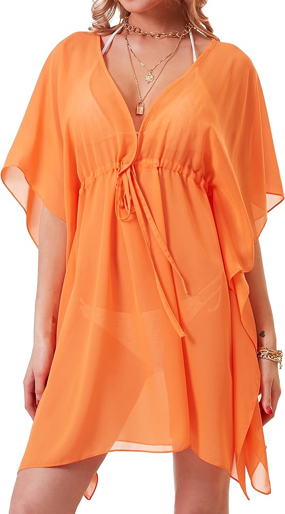 Soul Young Cover Ups for Swimwear Women V Neck Beach Chiffon Swimsuit Coverup Oversized