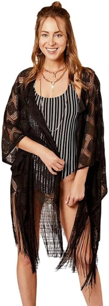 Ladies Elegant Jet Black & Ecru Cover-Up Beach Wrap with Swing Fringe Design - Versatile and Stylish Swimwear Accessory