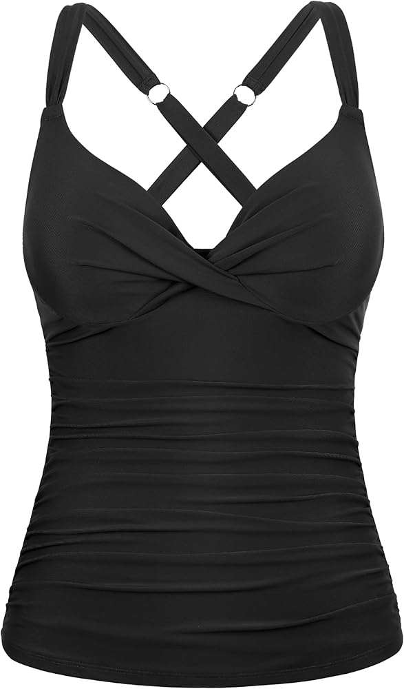 Firpearl Women Underwire Tankini Top Twist V Neck Swimsuits Ruched Tummy Control Bathing Suits Top Only