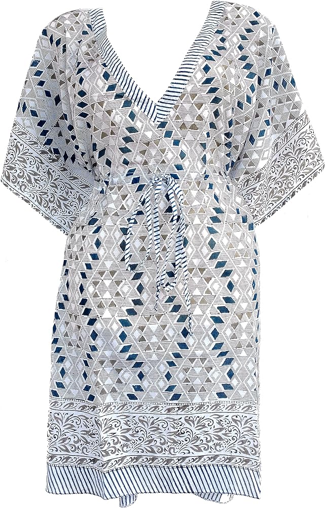 100% Cotton Hand Block Print Kaftan Women's Print Swimsuit Cover-up Beach Kaftan No-20 Multi