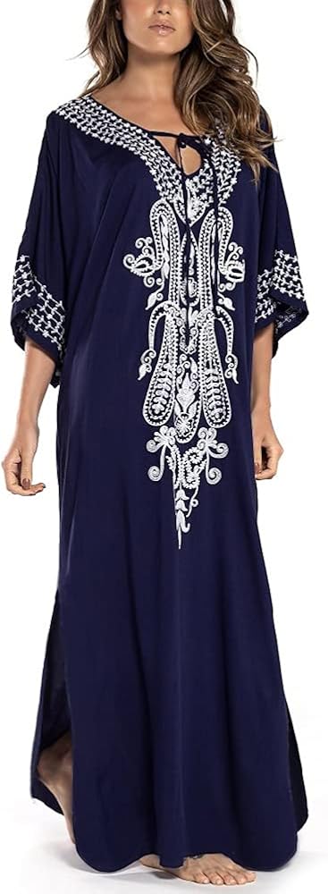 Womens Beach Coverup Embroidery Bikini Cover Up Short Sleeve Kaftan Long Side Split Beach Dress