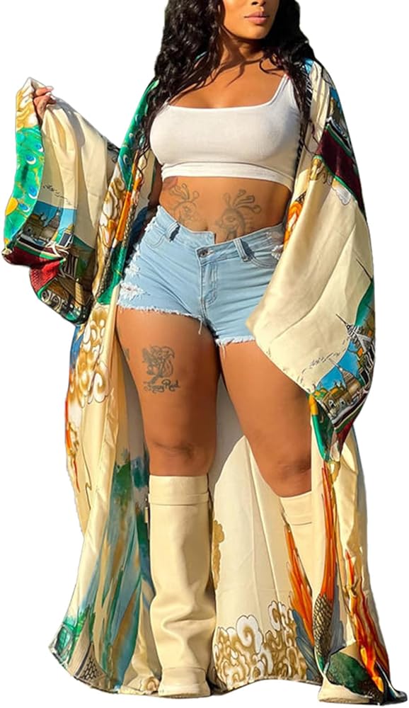 Vakkest Women's Floral Print Kimono Cardigan Boho One Size Long Open Front Robe Cover Ups Dress Flowy Loose Satin Outerwear