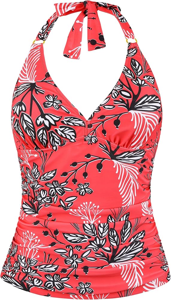 Firpearl Women's Halter Tankini Tops Only V Neck Swimsuit Ruched Tummy Control Bathing Suit Tops