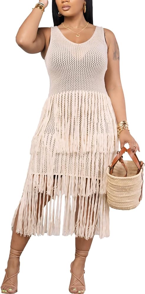 Bluewolfsea Beach Coverup for Women Crochet Tassel Hollow Out Sleeveless Long Maxi Dresses Bathing Suit Cover Ups