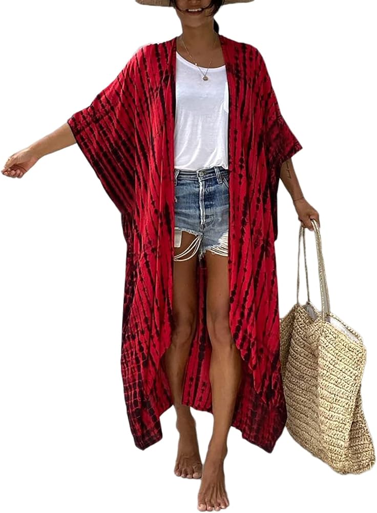 AILUNSNIKA Long Kimonos for Women Print Open Front Swimsuit Cover Ups for Swimwear Plus Size Beach Cardigans