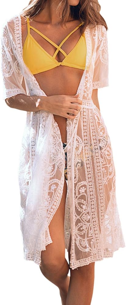 CUPSHE Women's V Neck Shirring Swimsuit Lace Cardigan Floral Crochet Sheer Bathing Suit Cover Up