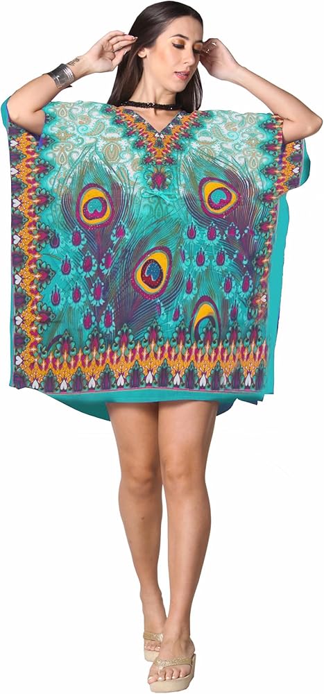 Women's Kimono Beautiful Prints Short Kimono Kaftan Dress Coverup Loose Sundress Caftan - Headwrap Included (PEACOCK TEAL)