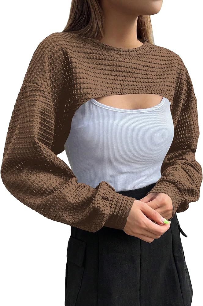 Verdusa Women's Crop Cover Up Long Sleeve Pointelle Knit Hollow Out Crochet See Through Knit Top