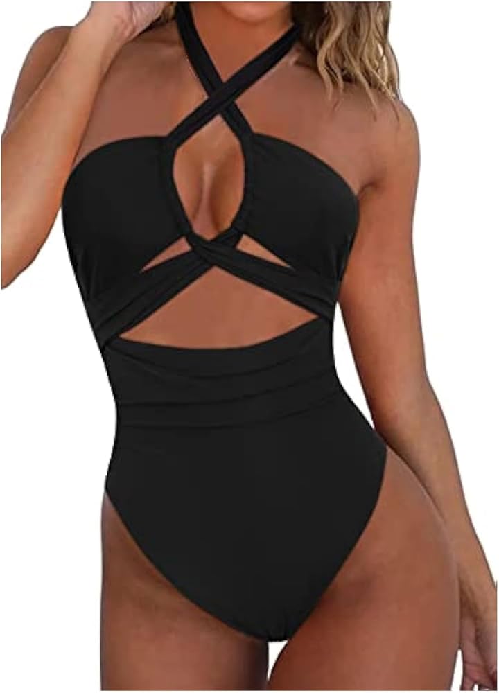 Sexy Cut Out One Piece Swimsuits for Women Triangle Halter Lace Up Monokini Bathing Suits Backless Floral Swimwear