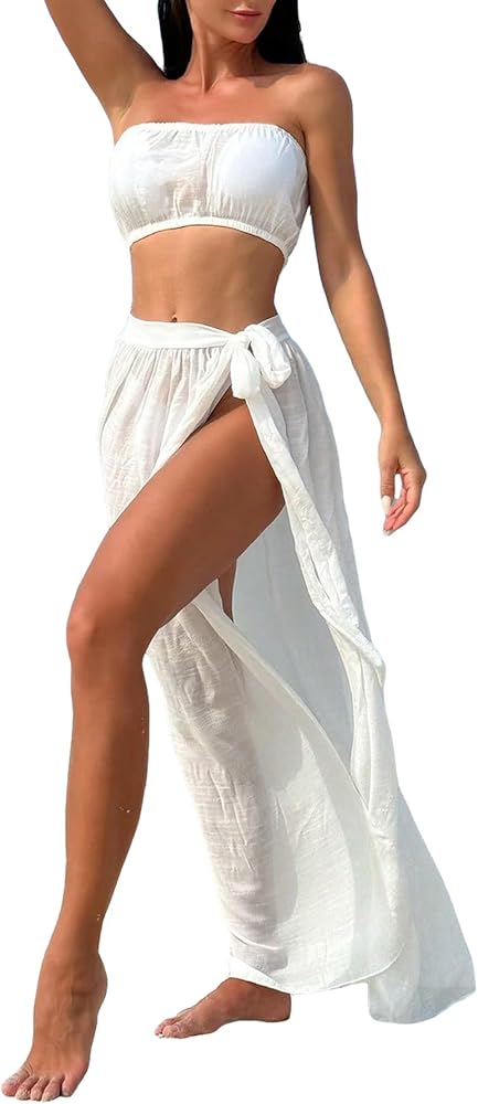 OYOANGLE Women's 2 Piece Cover Ups Strapless Smocked Tube Top and Knot Side High Slit Beach Skirt Set