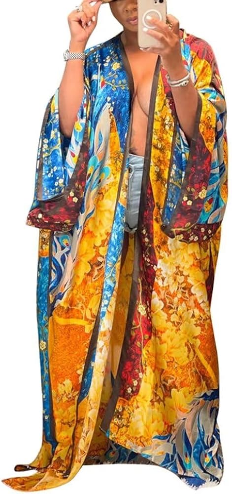 Women's Floral Print Kimono Cardigan Boho Satin Long Open Front Robe Beach Cover Ups