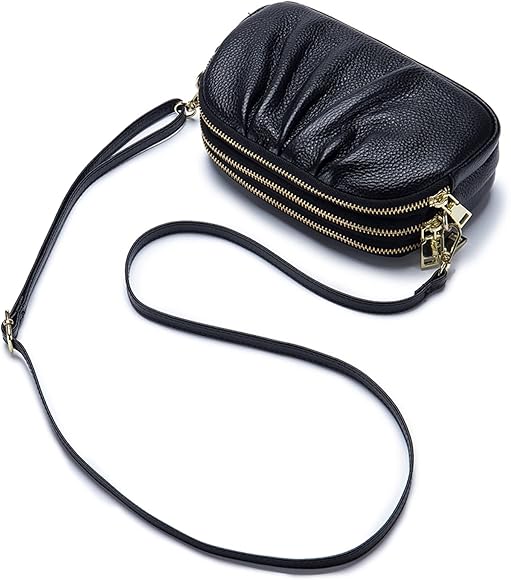 FORRICA Cartera Mujer Bolso de Teléfono Móvil Cuero Genuino Pequeño Crossbody Bag Bolso Bandolera Monedero con 3 Cremallera Compartimentos