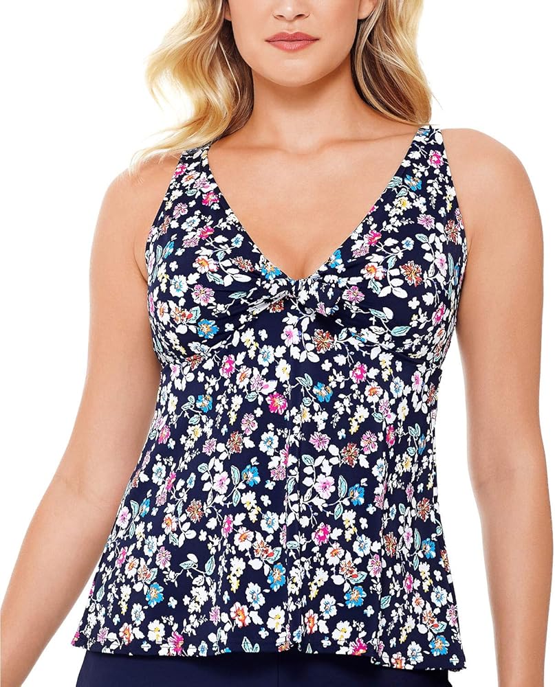 Women's V-Neck Daisy Print Tankini Swimsuit Top (Navy, 10)