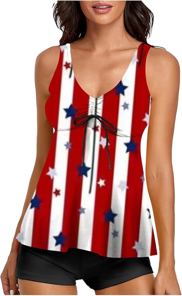 Women Independence Day Plus Size Two Piece Tankini Bathing Suit Patriotic Flowy Swim Dress with Shorts Slimming Swimwear Red Blue White Stars Stripes Print Bathing Suits for Women Tankini