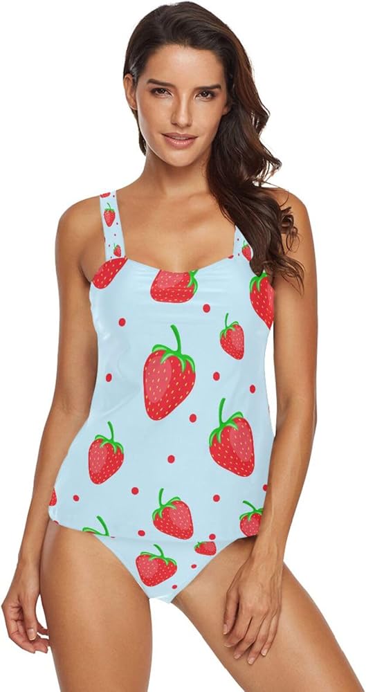 Strawberry 2 Piece Women Tankini Swimsuit Tummy Control Sport Bathing Suit with Bikini Bottom