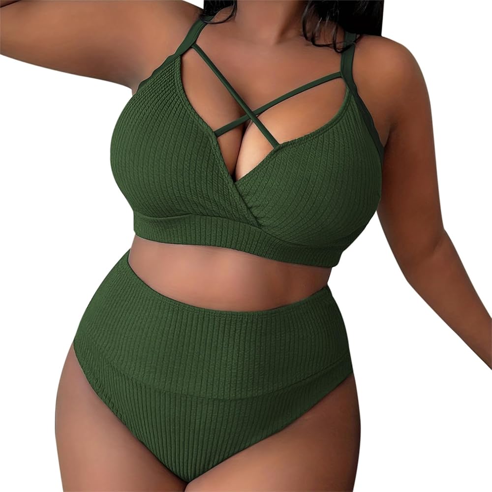 Two Piece Tankini Bathing Suits for Women High Rise Solid Color Crew Neck Tankini Plus Size Strappy Comfort Cut Out Bikini