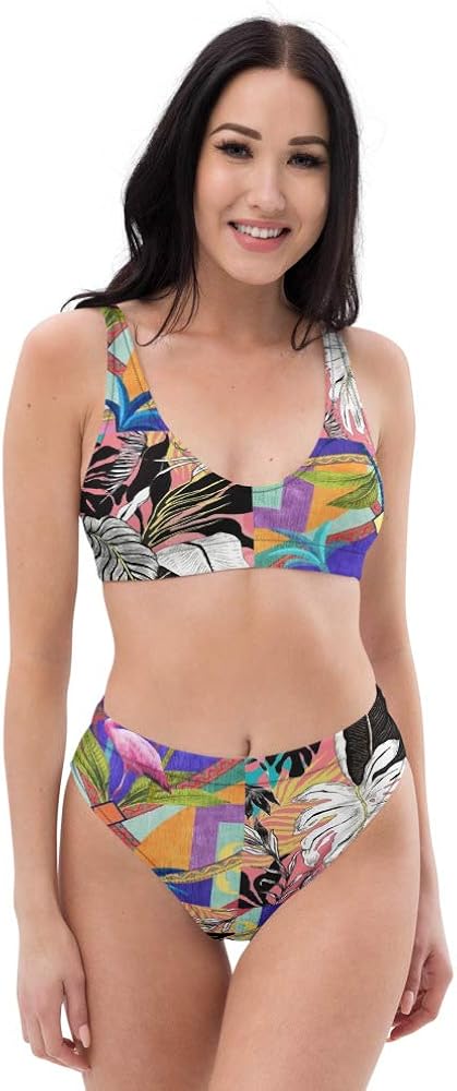 Recycled High Waisted Bikini for Women Tops Bottoms Swimsuit Bathing Suits Mix Purple Pink Floral Flowery Geometric