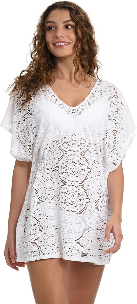 Sunshine 79 Women's Short Sleeve Tunic Cover Up Dress, White//Chillin' Crochet, S/M