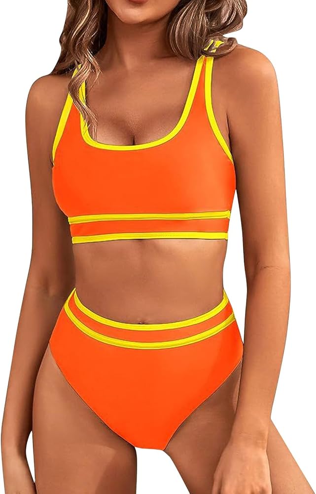 Swimsuits for Women High Cut Color Block High Waist Bikini Sets 2 Piece Sporty Bathing Suit Women Tummy Control