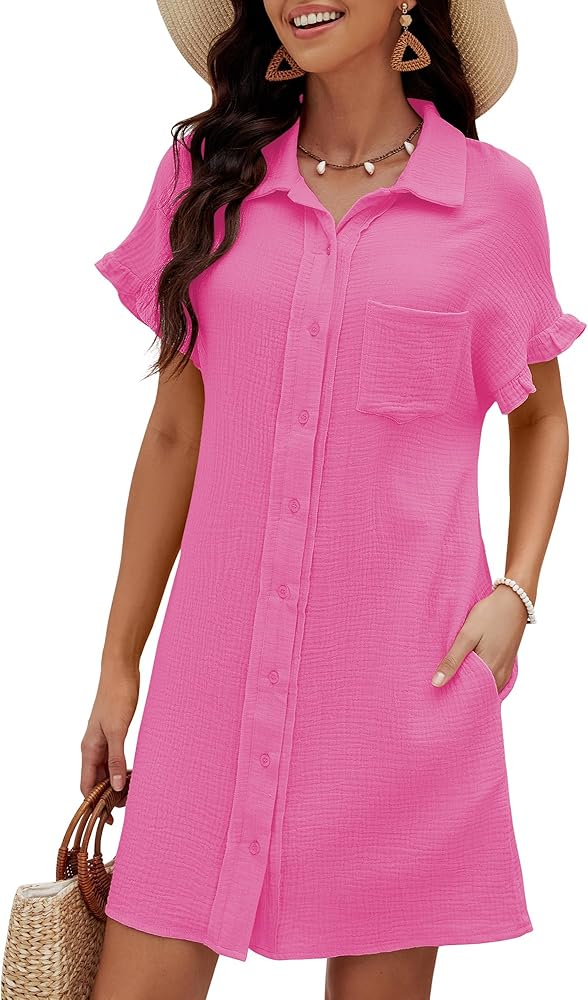 luvamia Womens Beach Cover Up Dress Cotton Button Down Shirt Dresses Casual Ruffle Sleeves Summer Dresses with Pockets