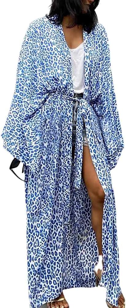 Bestyyou Women's Printed Kimono Cardigan with Tie Long Robe Dress Belted Bikini Swimsuit Cover Up Swimwear