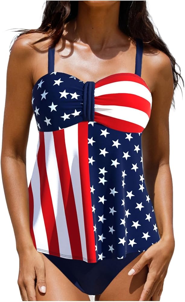 4th of July Two Piece Swimsuits for Women Tankini Bathing Suits Flowy Swim Dress with Shorts Swimsuits Red Blue White Stars Stripes Print Tummy Control Tankini Swimsuits for Women Black Large