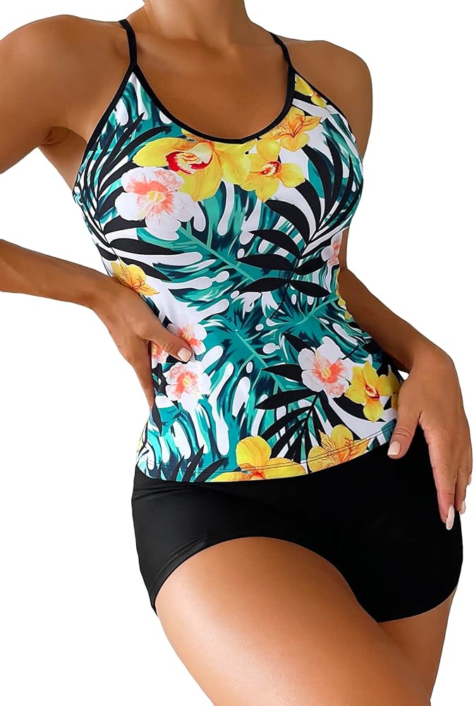 Floerns Women's 2 Piece Floral Print Cross Back Tankini Boy Shorts Swimsuit