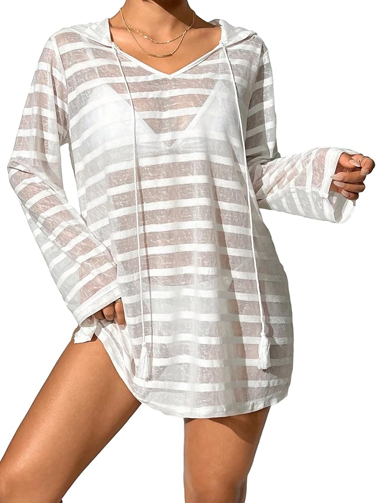 MakeMeChic Women's Striped Long Sleeve Bathing Suit Cover Up Sheer Split Thigh Drawstring Hooded Beach Cover Up