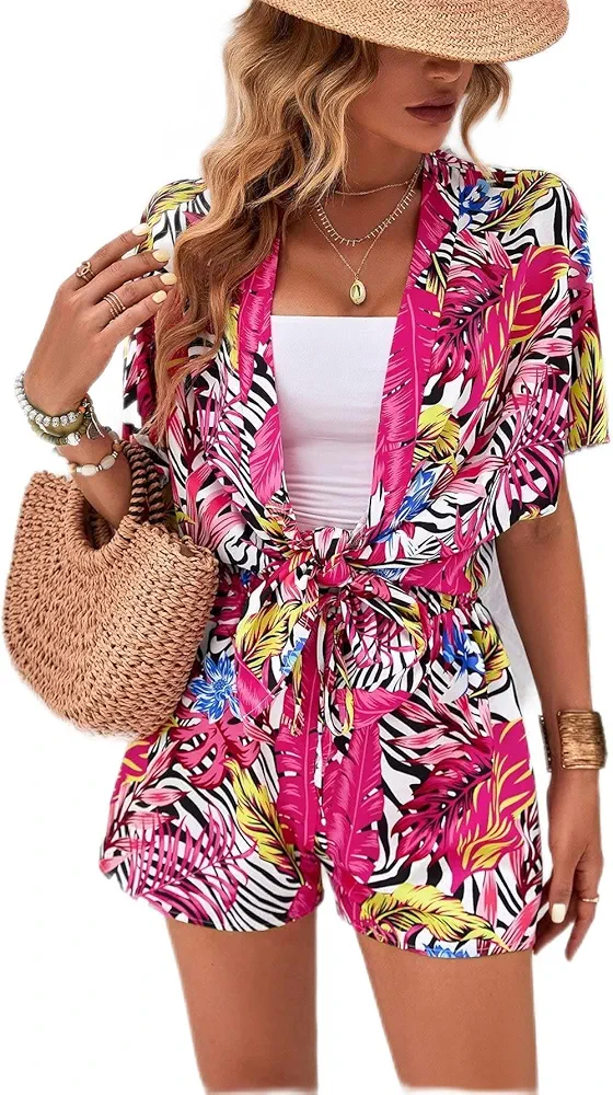 Tropical Print Kimono & Shorts (Color : Multicolor, Size : X-Large)