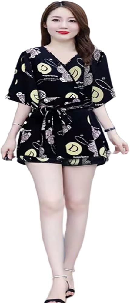 Women's Floral Dress Short Sleeve V-Neck Summer Casual Beach Skirt Plus Size,Wide Leg Shorts Set of 2.