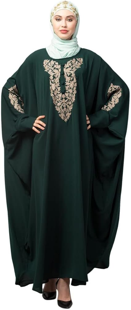 NAZNEEN Naznee Neck and Sleeve Embroidery with Cuff Free Size Kaftan Green