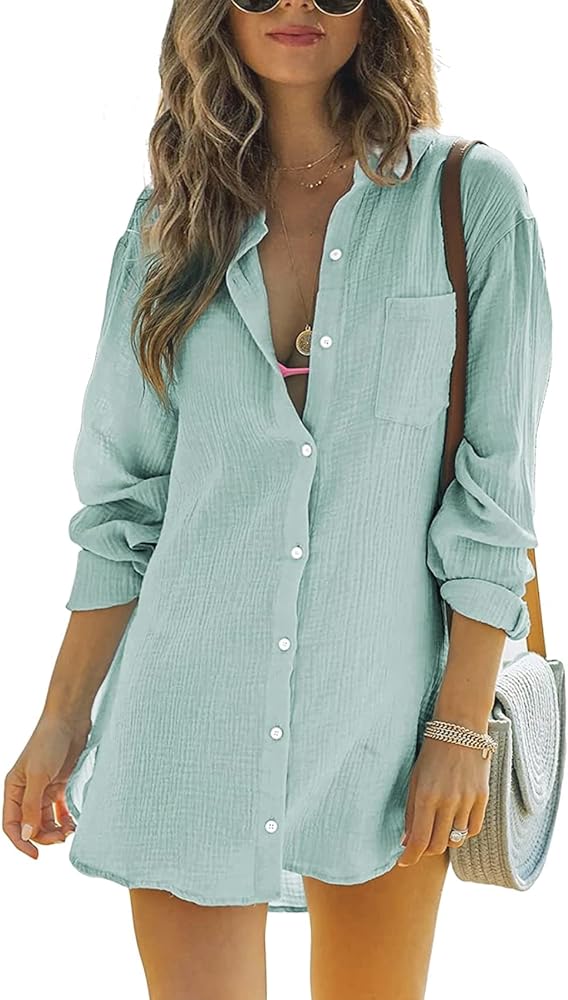 Womens Beach Cover Up Button Down Shirts Summer Cotton Gauze Tops Long Sleeve Bikini Swimsuit