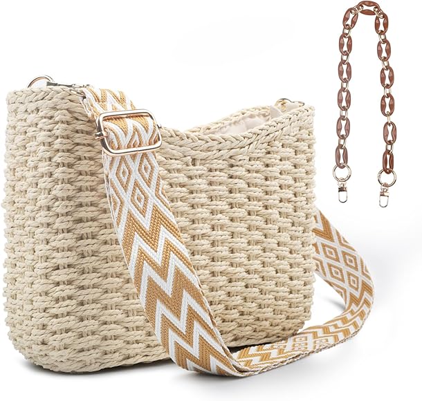 Fangoo Bolsas de playa tejidas de paja, bolsos cruzados de verano para mujer, vacaciones, informales, elegantes, con cremallera y cadena, Beige