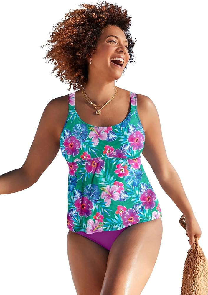 Swimsuits For All Women's Plus Size A Line Relaxed Fit Flared Tankini Top with Adjustable Straps