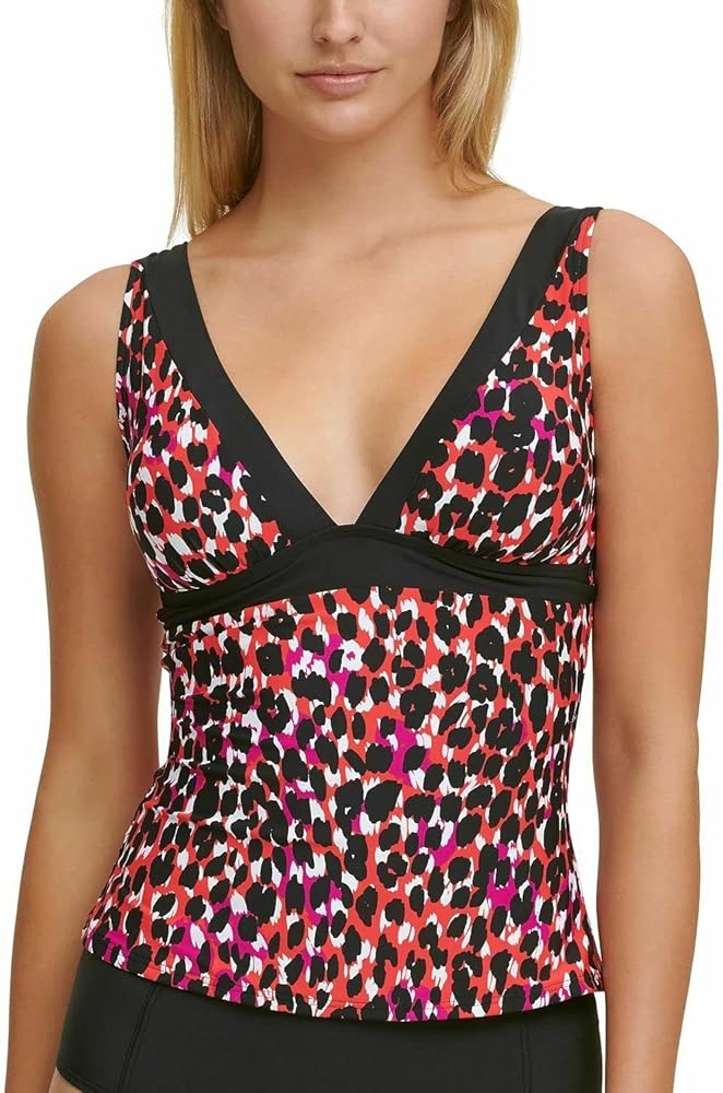 DKNY Women's Red Stretch Lined Removable Cups Deep V Neck Adjustable Tankini Swimsuit Top L