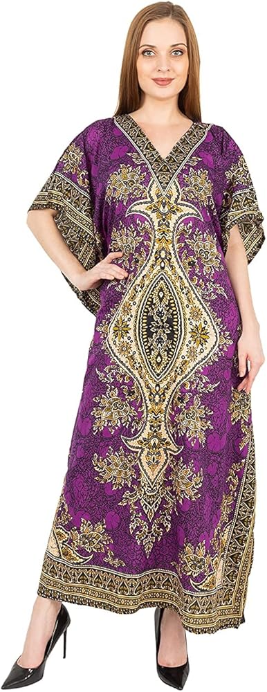 Women's Kaftan Dress Beach Cover Up Tribal Ethnic Print Plus Size V-Neck Loose Kimono Maxi Dress