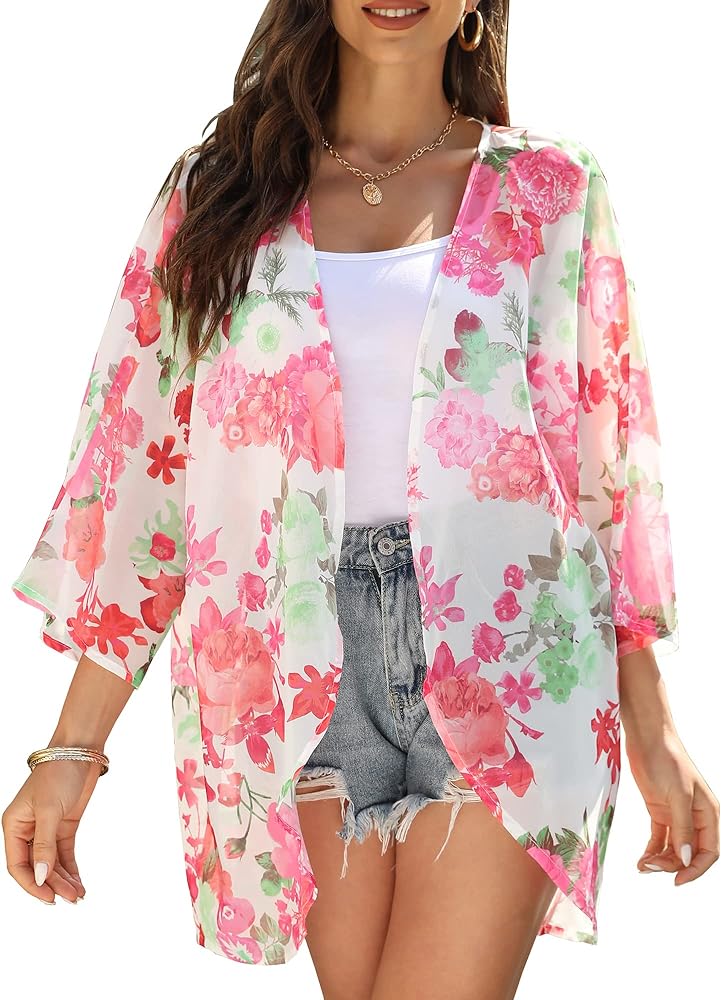 Chunoy Women Floral Print Lightweight Beach Wear Blouse Top Open Front Short Sleeve Chiffon Kimono Cover Up