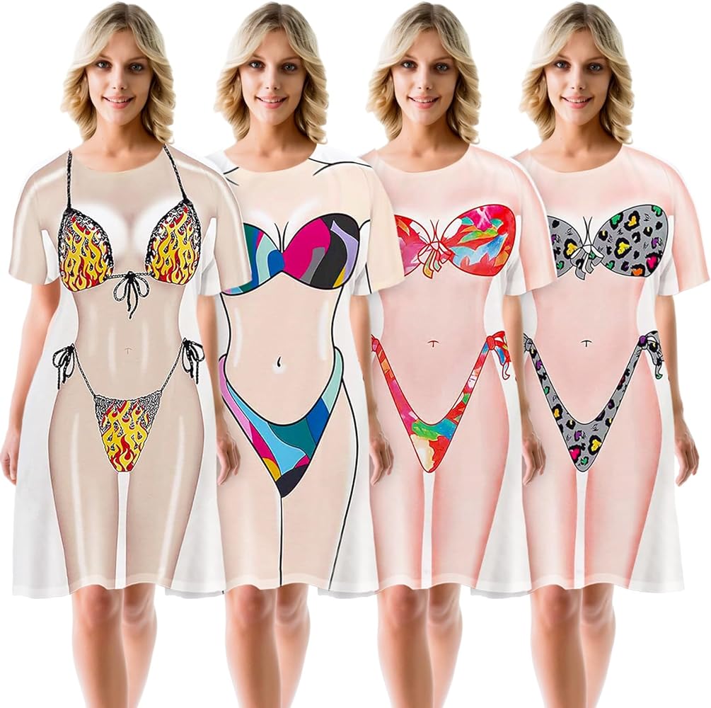 4 Pcs Women's Bikini Shirt Cover up Short Sleeve Cute Bikini Print Baggy Swimwear Cover up Beach Bikini T Shirt, XL