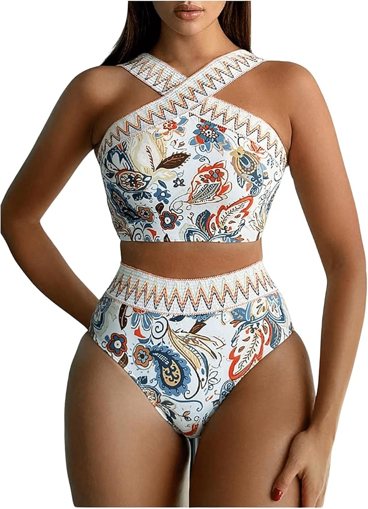 WDIRARA Women's 2 Piece Halter High Waist Criss Cross Swimsuit Tummy Control Floral Bikini Set