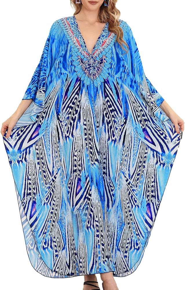 Bsubseach Caftan Cover Ups for Swimwear Women Plus Size Kaftan Dress Long Beach Cover Up Resort Wear Blue